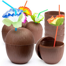 Luau-Party-Dekoration, tropische, kokosnussförmige Becher für hawaiianische Strandpartys, robustes Design mit auslaufsicheren Deckeln (6 Stück)