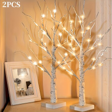 (2Pcs Warm White Lamp) 24 LED Birch Tree Lights, Christmas & Easter Twinkling Tree Ornaments,Adjustable Branches, 3AA&USB Powered, Decorative