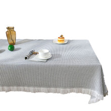 Gingham Tassel Cotton Tablecloth For Family Gatherings, Durable Cotton Linen Rectangle Table Cover Non-Slip Wrinkle Free Linen, Anti-Fading Tablecloth