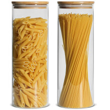 Grote potten van borosilicaatglas met accenten van beukenhout en luchtdichte deksels, hitte- en koudebestendige voedselbewaarcontainers, perfect voor