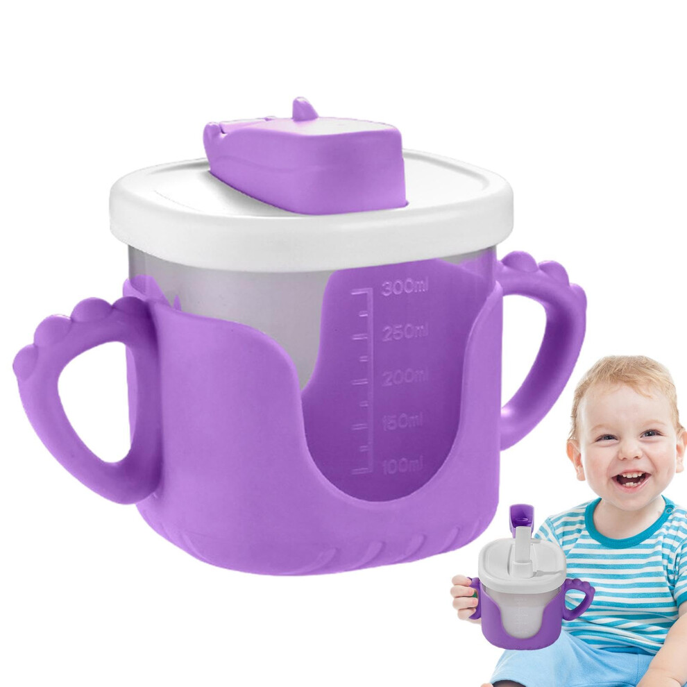 Baby Water Bottle Sippy Cup With Straw And Lid Toddler Drinking Cup Graduated Milliliter Marks For Milk Cartoon Purple