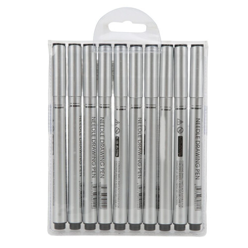 10Pcs Drawing Pens Black Multi Sizes Waterproof
