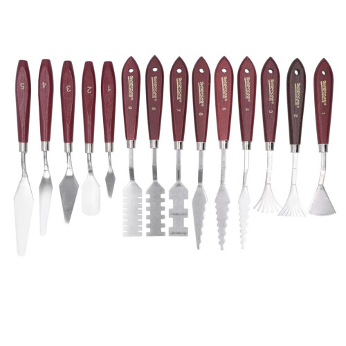 Set van 14 schilderspaletmessen in speciale vormen