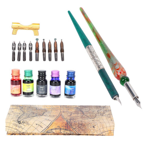 Federhalter-Set 12,5 x 33 x 4 cm, flache Rundfeder mit Tinte
