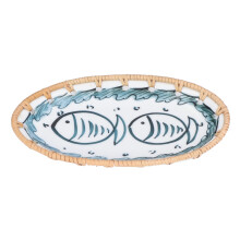 Dekorativ serveringsbakke japansk porcelænstallerken i rottingkeramisk stil elegant blåt og hvidt mønster premium kvalitet miljøvenligt service