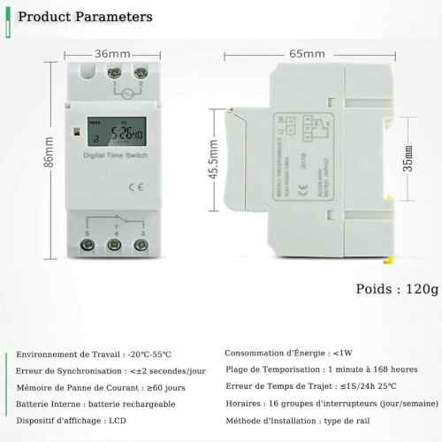 Minuterie numérique programmable, conception de qualité industrielle pour préchauffage et éclairage d'aquarium, minuterie précise et 1