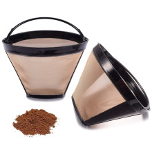 Filtro dourado reutilizável para a maioria das cafeteiras de cone. Feito em aço inoxidável de grau cirúrgico, este filtro de café permanente em