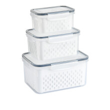 Contenedores de almacenamiento de alimentos con cesta de drenaje, organizador de refrigerador a prueba de fugas de diseño transparente, paquete de 3