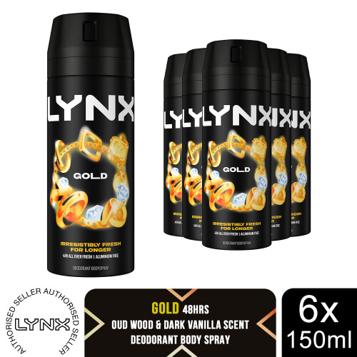 Lynx Lynx Body Spray Deodorant, Gold, 6 Pack, 150ml