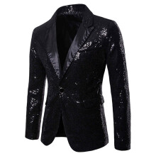 Men's Suit Jacket Sequined Glitter Party Jacket Black XL With Pockets One Button Slim Fit