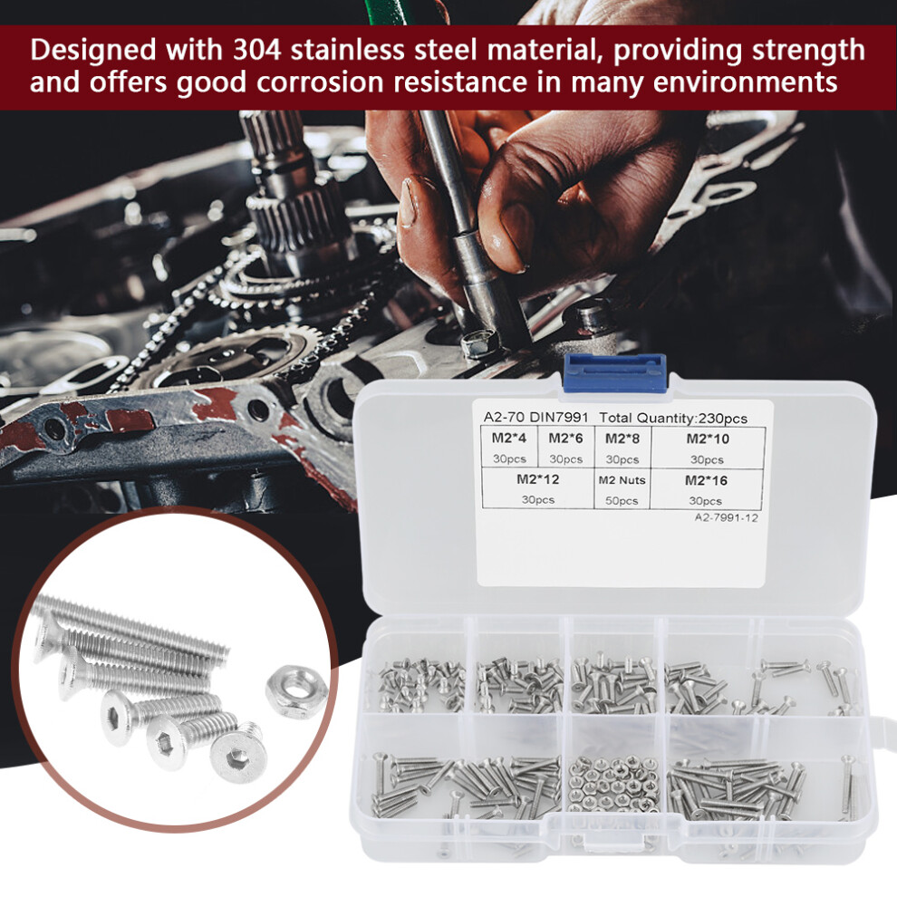 230Pcs M2 Stainless Steel Flat Head Bolt & Nut Kit Corrosion Resistant Toolkit 9361362873802