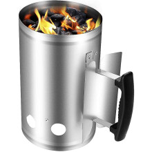 Chimney Starter Charcoal Ignition Barrel Quick Start With Safety Nylon Handle For Camping Grilling Silver