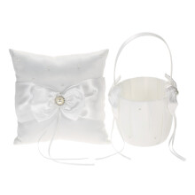 White Satin Ring Bearer Pillow & Flower Girl Basket Set for Weddings