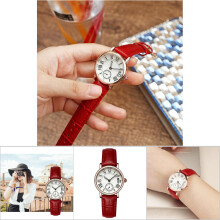 Ladies' Analog Quartz Watch with Red Leather Strap Date & Waterproof