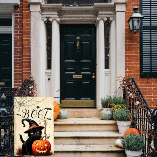 Toile avec image Décoration pour Halloween Jute avec chat noir 2