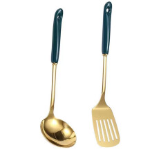 Ustensile de gătit vintage din oțel inoxidabil auriu, mâner ceramic anti-opărire, 2 bucăți de ustensile de bucătărie premium pentru uz zilnic