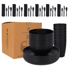 Non-Toxic, Stackable Design, 28-Piece Wheat Straw Dinnerware Set in Black, Microwave and Dishwasher Safe Reusable Plates Bowls Cups, Unbreakable Eco-F