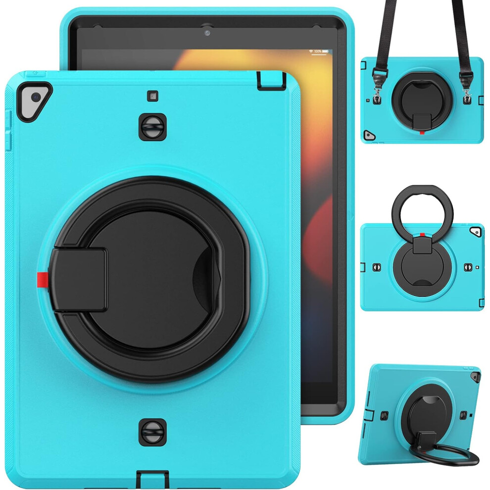 Heavy-Duty Case For Ipad 10.2" - Shockproof Cover With 360 Rotating Kickstand, Hand Grip & Shoulder Strap For 9Th/8Th/7Th Gen Turquoise 5906792649579
