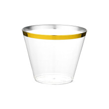 Vaso de plástico con borde dorado para fiestas, vaso resistente de 9 oz para vino y champán, vajilla elegante desechable, vaso apilable de cristal