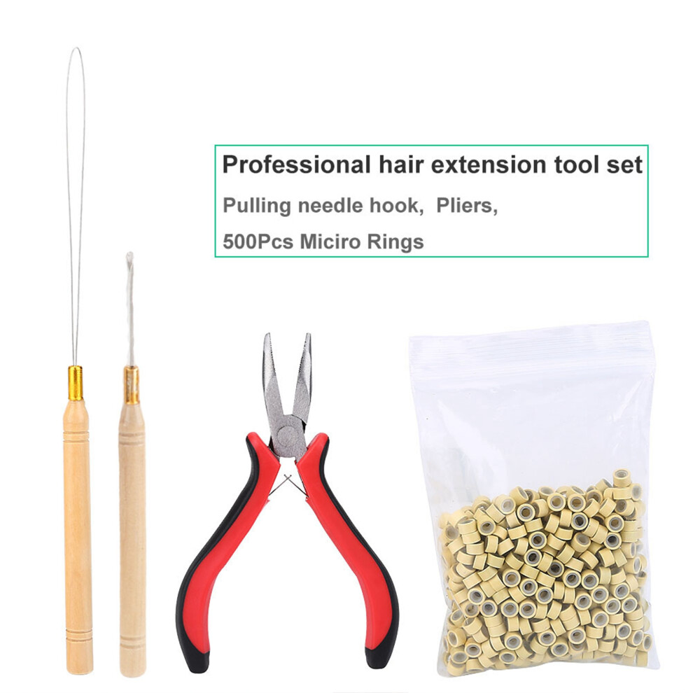 Hair Extension Tool Kit with Pliers, 500 Micro Rings, Beige