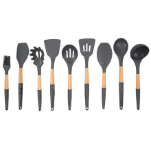 Conjunto de utensílios de cozinha inovadores em silicone com cabo de madeira de acácia, antiaderentes e resistentes ao calor. Ideal para