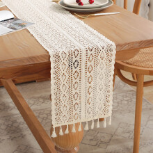 Boho-stil macramé bordløber, nem vedligeholdelse vintage dekoration til picnicbord, rustik bondegårds bomuldsblonde med kvaster frynsede til