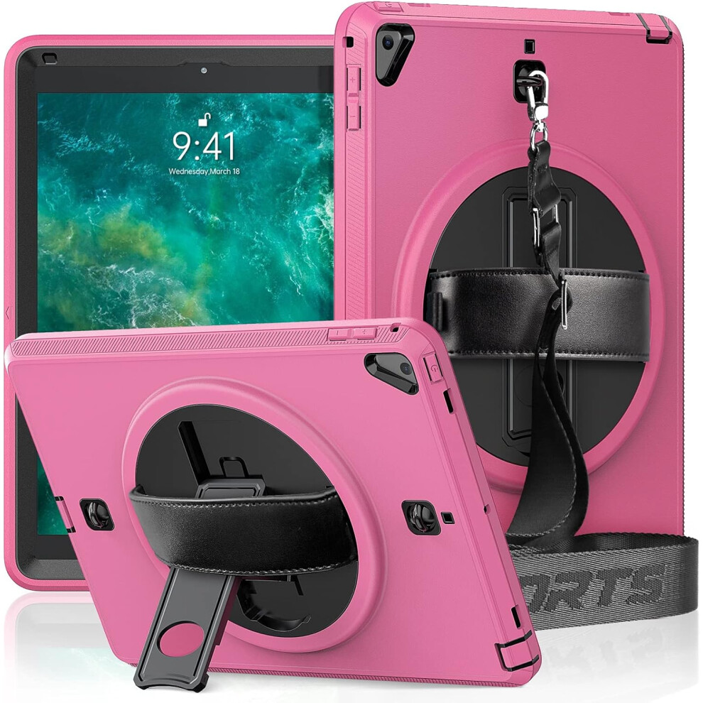 Heavy-Duty Case For Ipad 10.2" - Shockproof Cover With 360 Rotating Kickstand, Hand Grip, And Detachable Shoulder Strap Pink 5906792664114