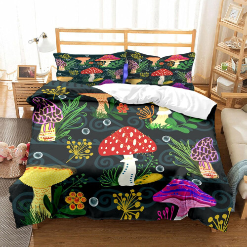 Ensemble Linge de Lit Coloré avec Champignons Microfibre 135x200CM 80X80CM