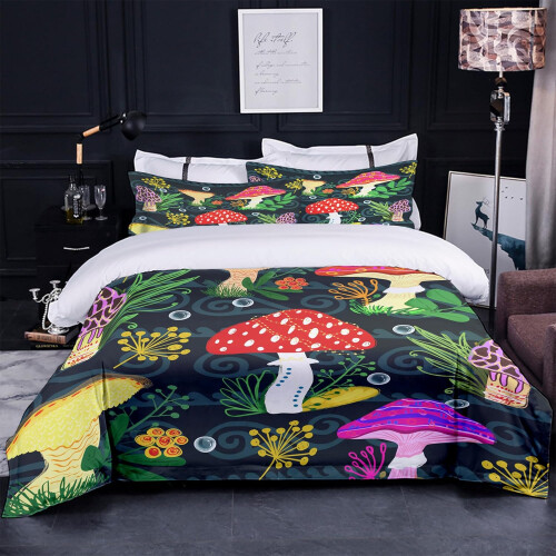 Ensemble Linge de Lit Coloré avec Champignons Microfibre 135x200CM 80X80CM 2