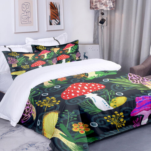 Ensemble Linge de Lit Coloré avec Champignons Microfibre 135x200CM 80X80CM 1