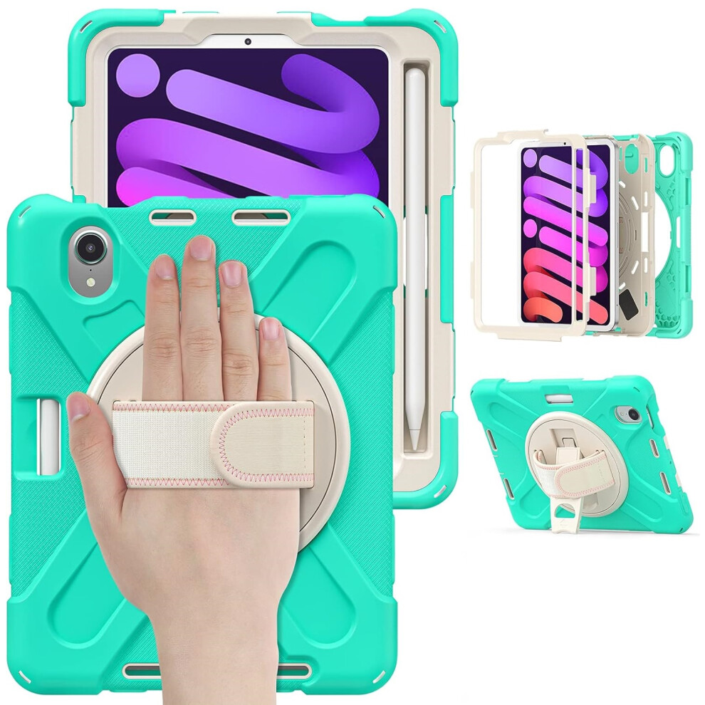 Rugged Case For Ipad Mini 6 - 360 Rotating Kickstand, Hand Strap & Pencil Holder, Heavy Duty Shockproof Protective Cover, Mint 5906792672003
