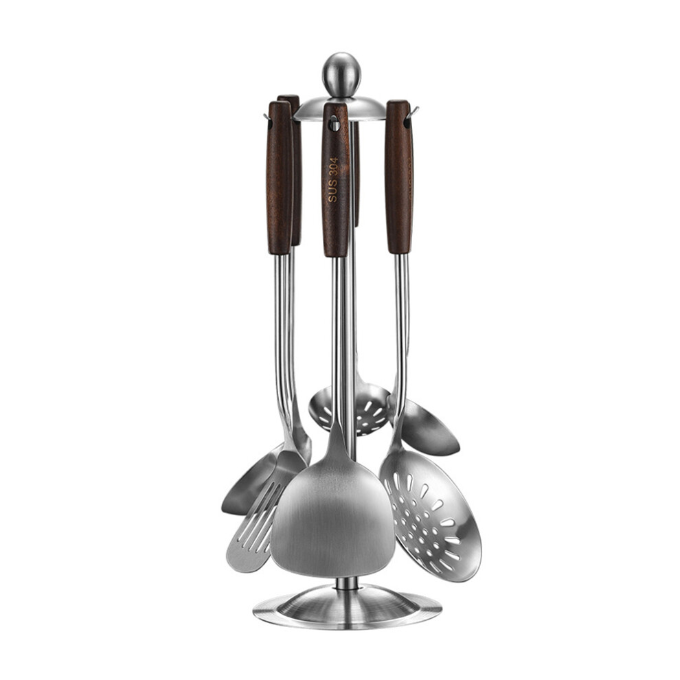 Kitchen Utensils Set with Wooden Handle, Stainless Steel Cooking Utensils Set with Rotatable Holder, Heat Resistant Cooking Tools for Non-Stick Pans,-image-OPC-PN5NVVT-NEW