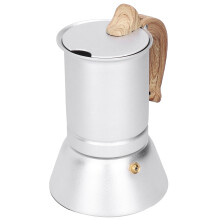 Klassieke Italiaanse aluminium mokkapot met ergonomisch houten handvat, royale inhoud, gelijkmatige warmteverdeling en een goede grip. Hittebestendig