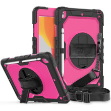 Étui robuste rose pour iPad 10.2 avec support rotatif, bandoulière, poignée ergonomique et protection antichoc intégrale