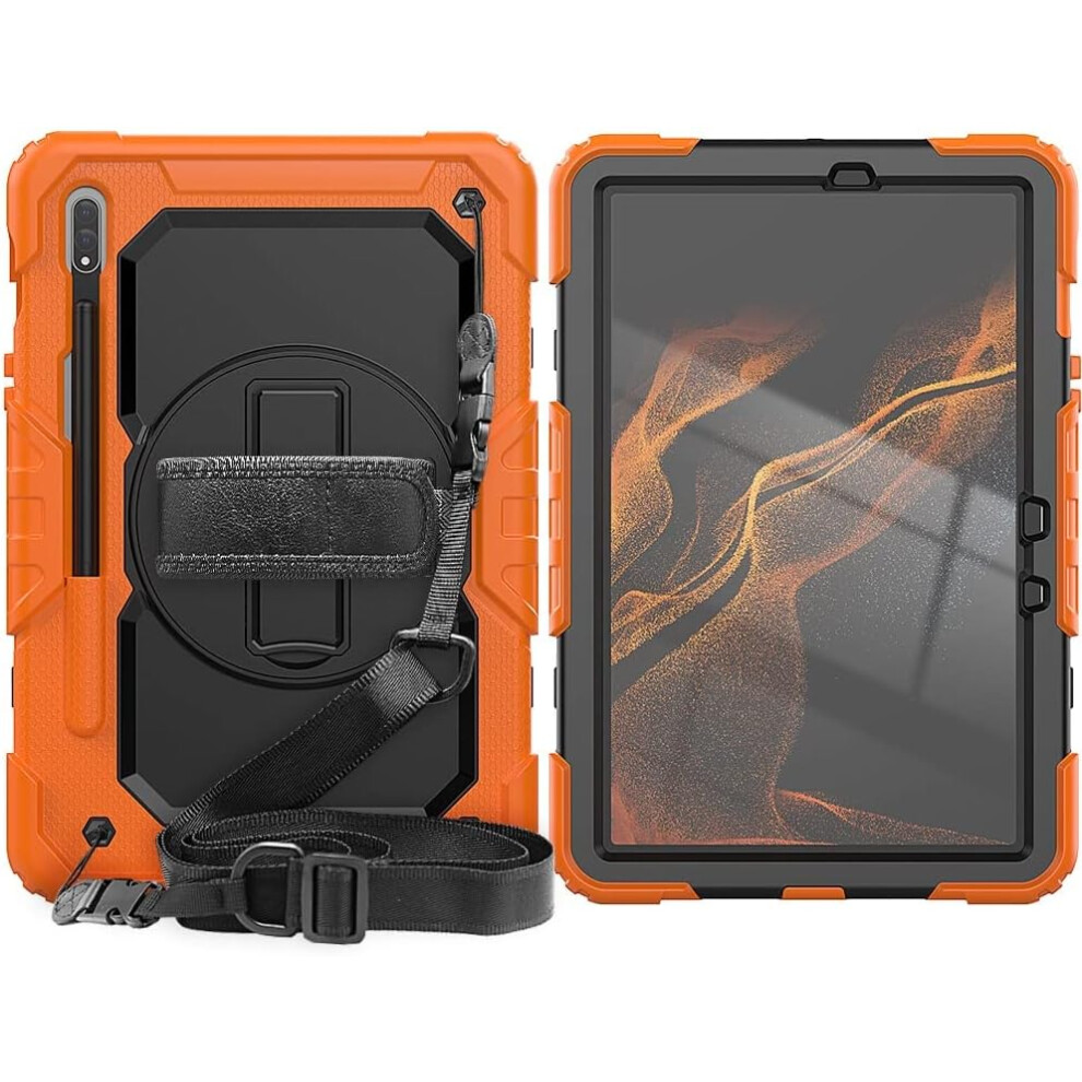 Rugged Case For Samsung Tab S8 & S7 - Heavy Duty Shockproof Cover With 360 Kickstand, Hand Strap, And Shoulder Strap In Orange 5906792673635