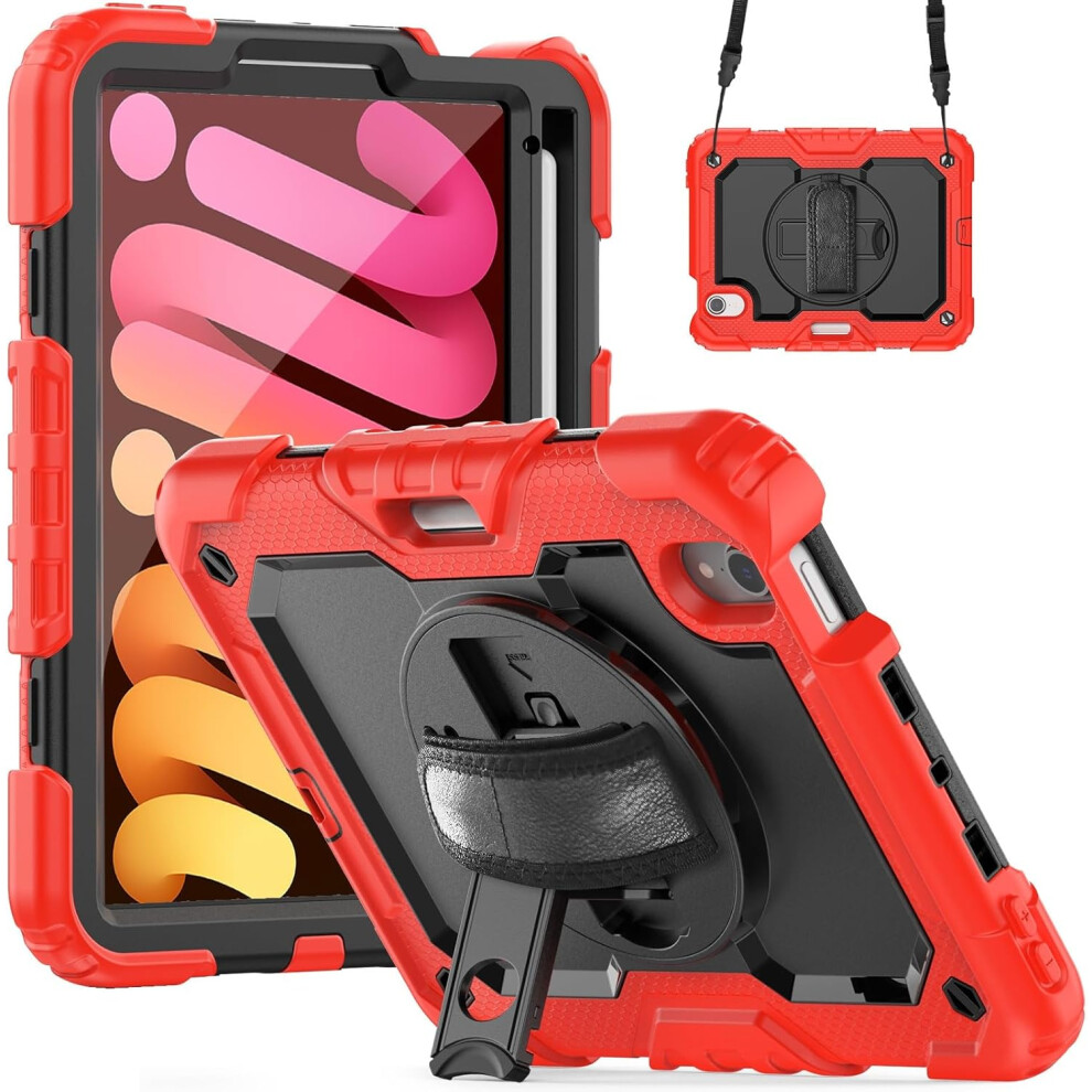 Protective Case For Ipad Mini 6 - Heavy Duty Cover With 360 Kickstand, Hand Strap, Shoulder Strap And Pencil Holder Red 5906792674120