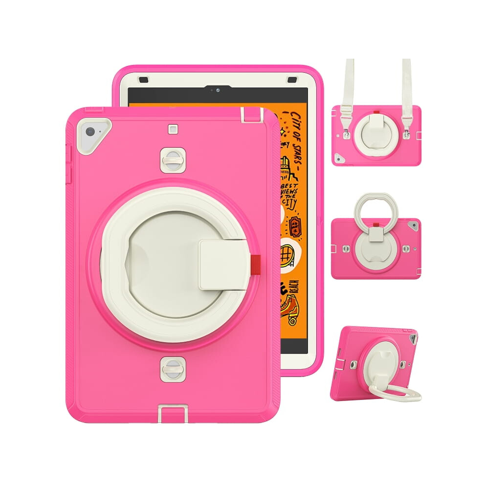 Rugged Case For Ipad Mini 4/5 - Heavy Duty Shockproof Cover With 360 Rotating Kickstand, Hand Grip And Shoulder Strap Pink 5906792674199