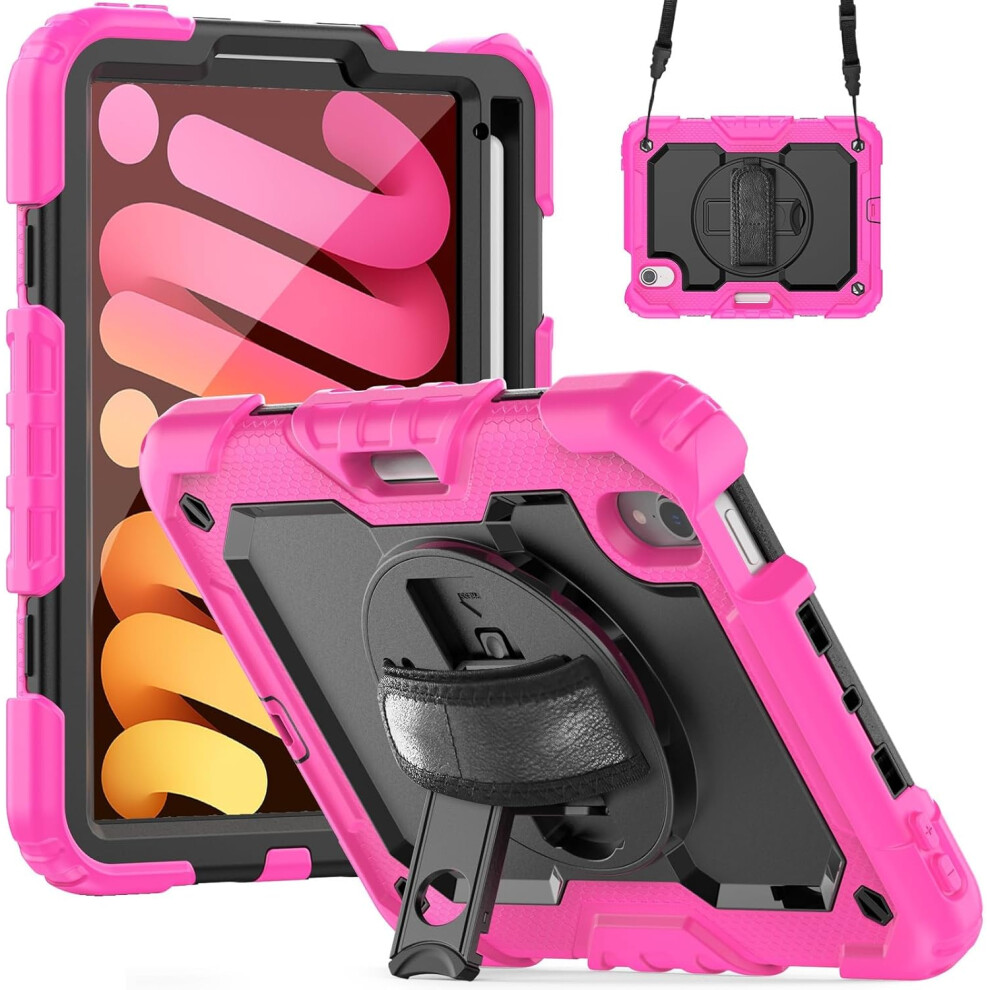 Rugged Case For Ipad Mini 6 - Shockproof Cover With 360 Kickstand, Hand Strap, Pencil Holder & Detachable Shoulder Strap Pink 5906792674205