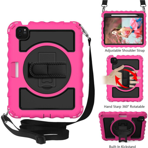 Funda para iPad Pro 11" con soporte y correa de hombro rosa 1