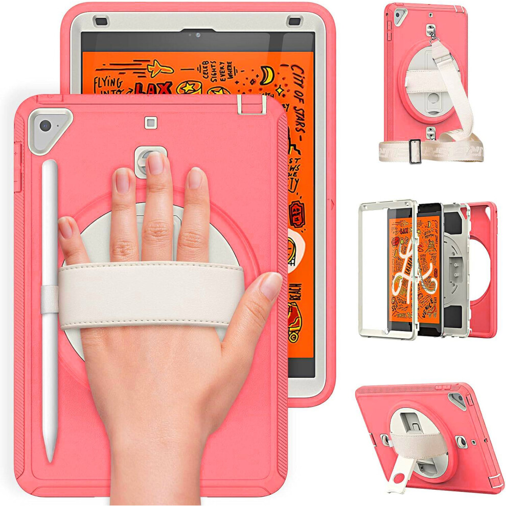 Rugged Case For Ipad Mini 4/5 - Shockproof Cover With 360 Rotating Stand, Hand Strap, And Shoulder Strap For 7.9-Inch Tablet Pink 5906792675189