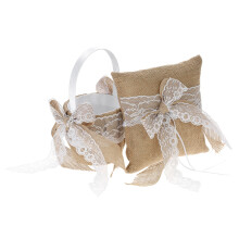 Vintage Burlap Lace Bowknot Ring Bearer Pillow & Flower Girl Basket Set