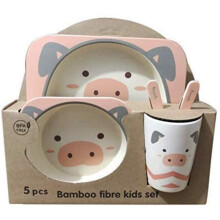 Lovely Bowl with Soup Spoon, Bamboo Fiber Dinnerware Kit for Children, Heat and Dirt Resistant, Dishwasher Safe, Cute Cartoon Pattern, 5-Piece Set