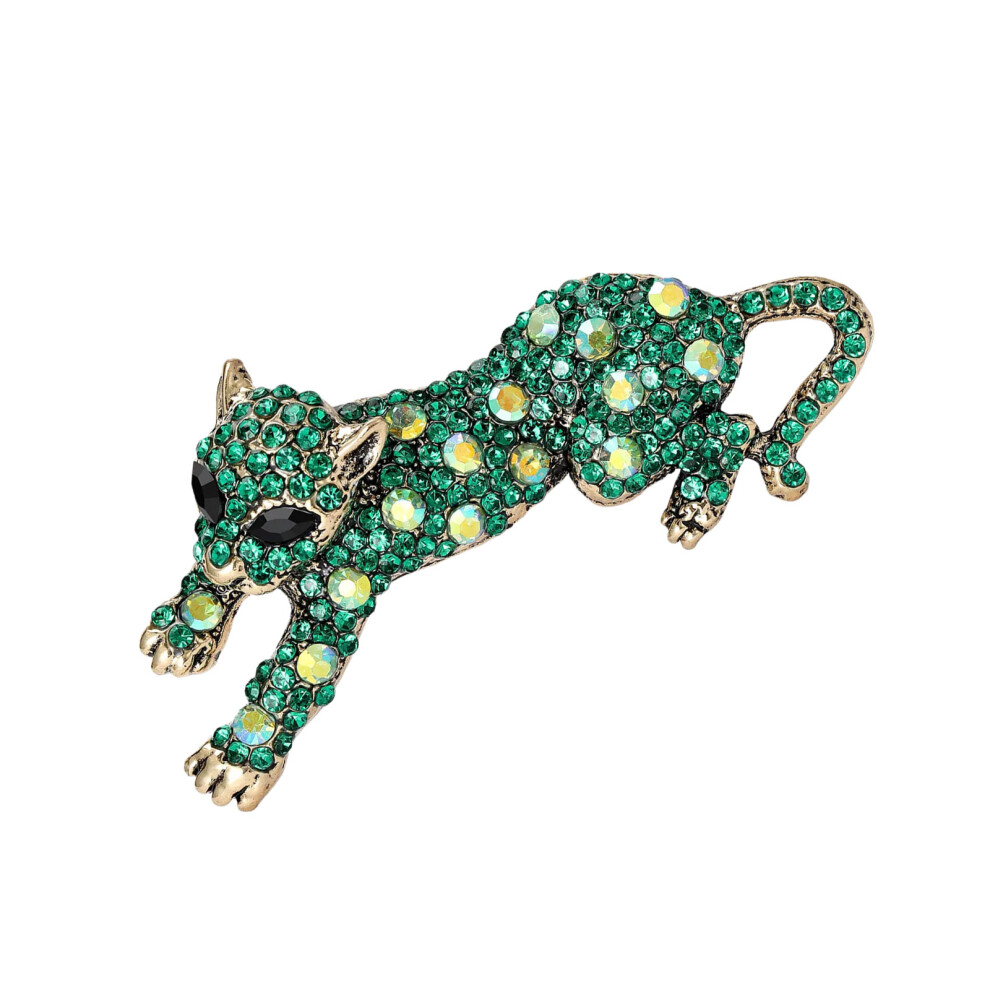 Green Elegant Crystal Embellished Leopard Brooch Alloy Animal