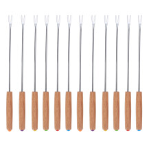 Fourchettes Ă fondue Ă manche en bois et acier inoxydable, design Ă code couleur pour une identification facile et une utilisation polyvalente