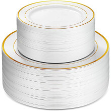 Pratos de plástico elegantes com borda prateada e dourada, utensílios de mesa descartáveis de alta qualidade para uso alimentar, resistentes para