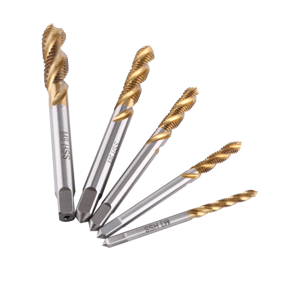 Hss Titanium Coated 5Pc Screw Tap Set Spiral Fluted For M3 To M8 Threads 8231363015536