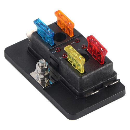 4 Way Blade Fuse Box with LED Indicator, 30A, Black, 32V DC 1