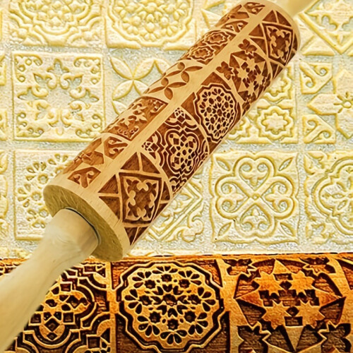 Embossed Rolling Pin for Baking, Wooden Rolling Pin with Exquisite Floral Pattern Deep Engraved Embossing, Ergonomic Handle Design for Smooth Rolling,