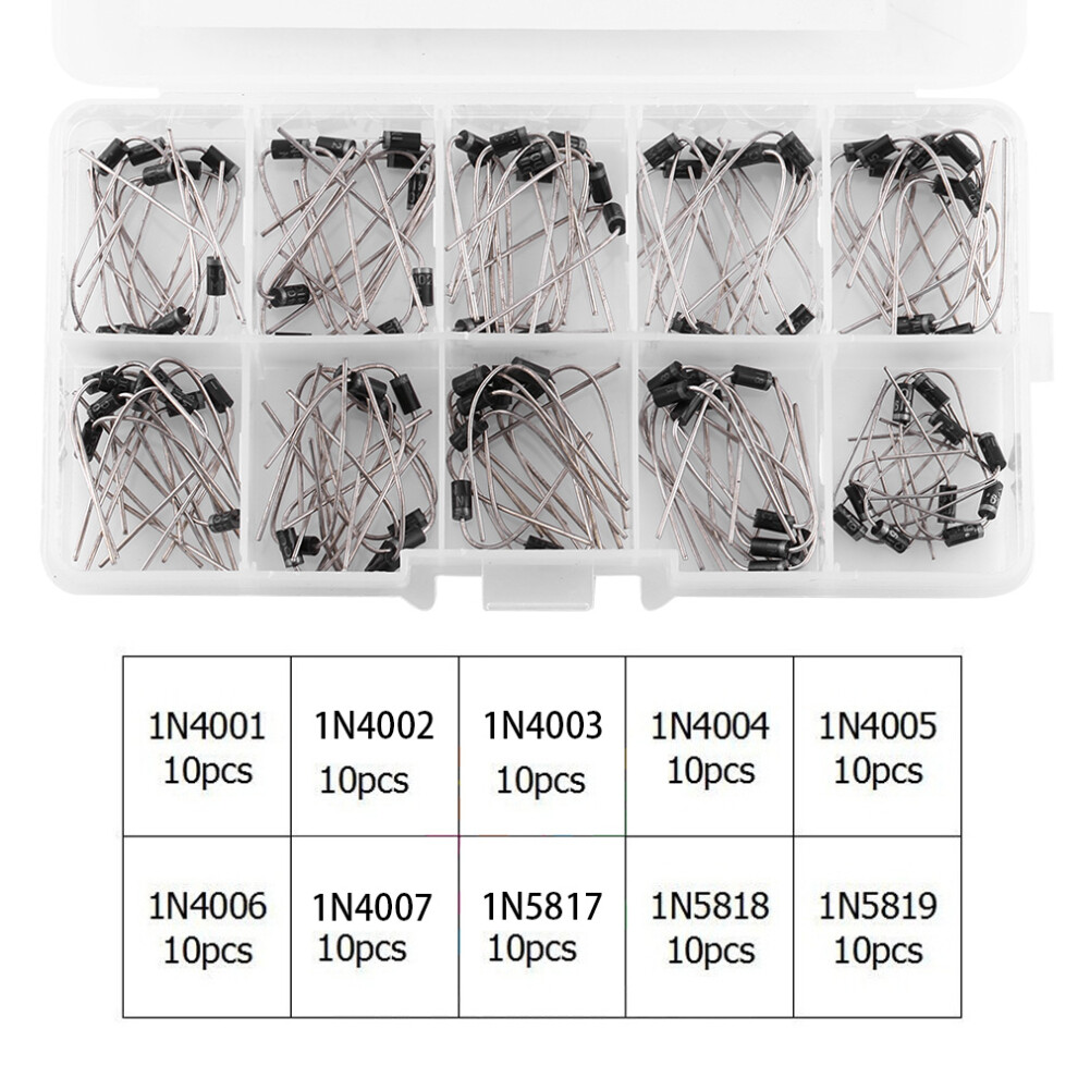 10 Values Diode Assortment 100Pcs 1N4001-1N5819 In Organizer Box 7691363017854