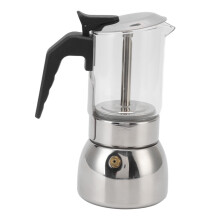 Cafetera italiana de acero inoxidable tipo moka con tapa de vidrio y válvula de presión. Apta para cocinas de gas, eléctricas y de inducción.